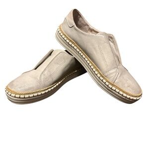 J/Slides NYC Kayla Leather Metallic Gray Slip-On Sneakers Whipstitch Detail Sz 7